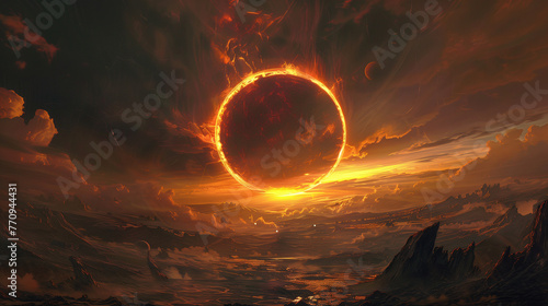 Spectacular surreal scene of astronomical event. Total solar eclipse over a rural area in an apocalyptic environment with thick, red-tinged clouds. Historical event.