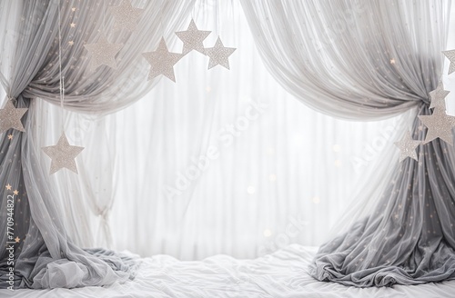 A serene and dreamy bedroom atmosphere with glittering star decorations suspended in front of a soft, starry curtain. Generative AI