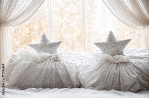 Luxurious bedroom with two sparkling star-shaped pillows on a bed, with a golden bokeh light background. Generative AI