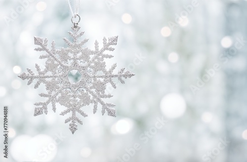 Sparkling Snowflake Ornament with Bokeh Lights winter background. Generative AI