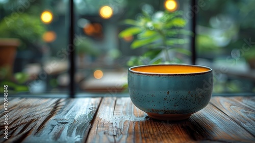 Blue Bowl on Wooden Table