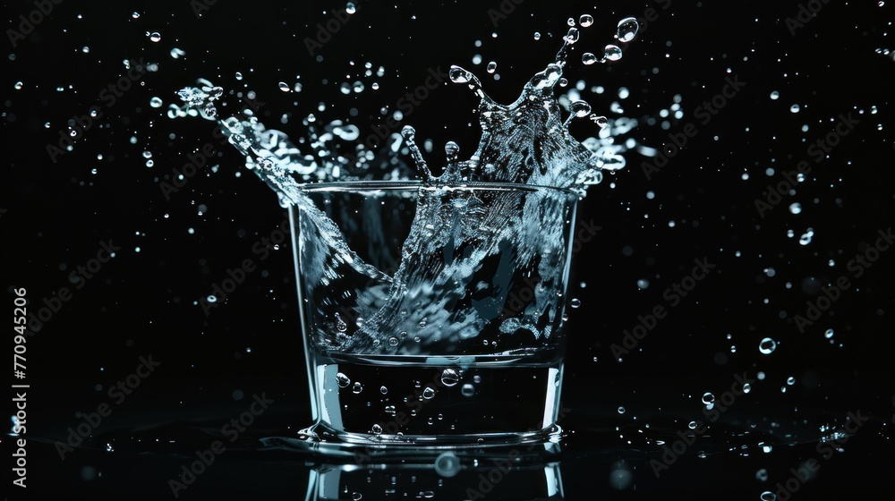 Transparent pure water splashes out of glass on black background. AI generated image Transparent pure water splashes out of glass on black background. AI generated image