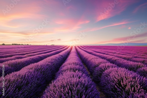 A breathtaking view of a field filled with lavender flowers, as the sun sets in the background, A landscape of a stunning lavender field beneath a clear twilight sky, AI Generated