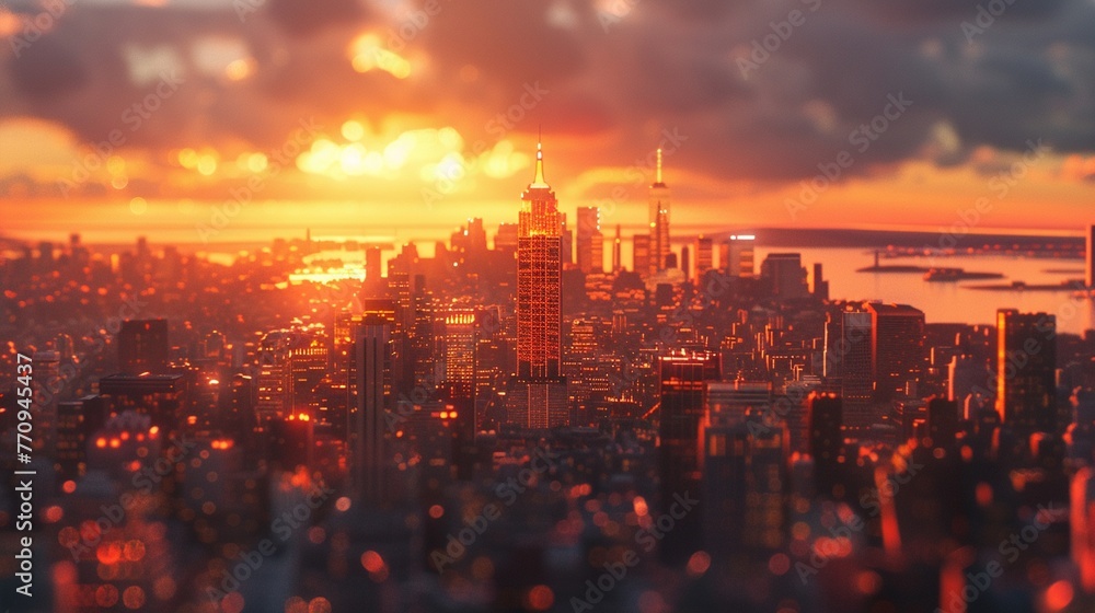 Fototapeta premium Sunset over Manhattan, warm hues, wide lens for a majestic city skyline wallpaper , octane render