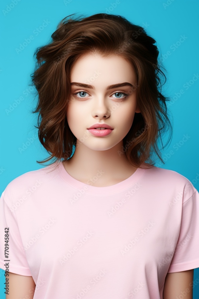 Beautiful young woman in soft pink blank t-shirt on blue background, perfect for showcasing designs. Mockup Beautiful young woman in soft pink blank t-shirt on blue background, perfect for showcasing designs. Mockup