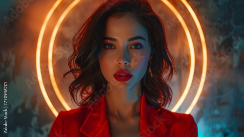 Woman in Red Jacket With Neon Circle