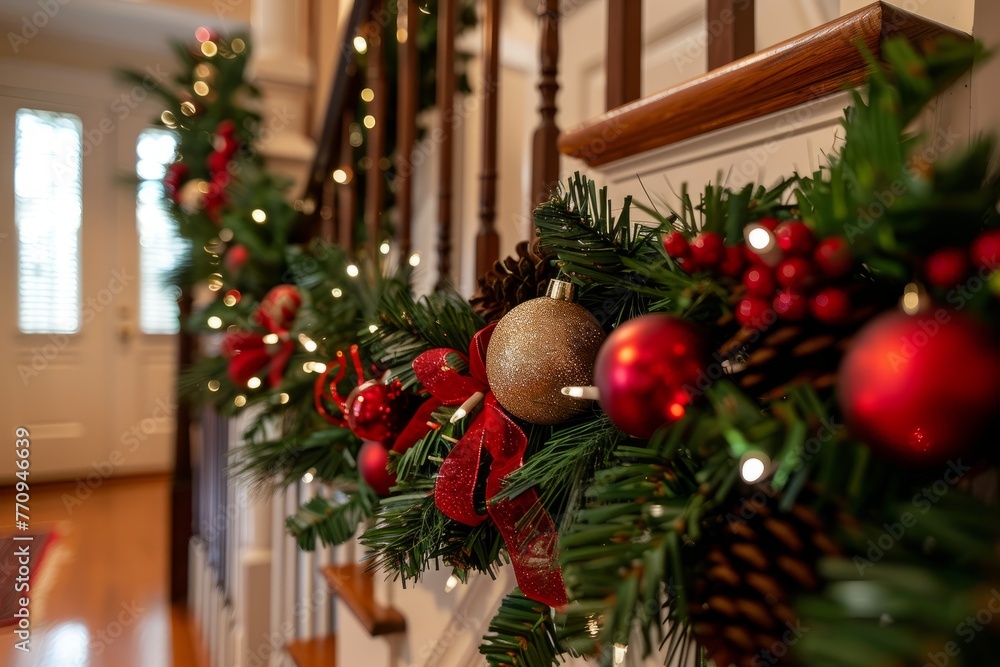 Closeup of a festive Christmas garland with ornaments, ribbons, and greenery draped along a staircase railing of a house