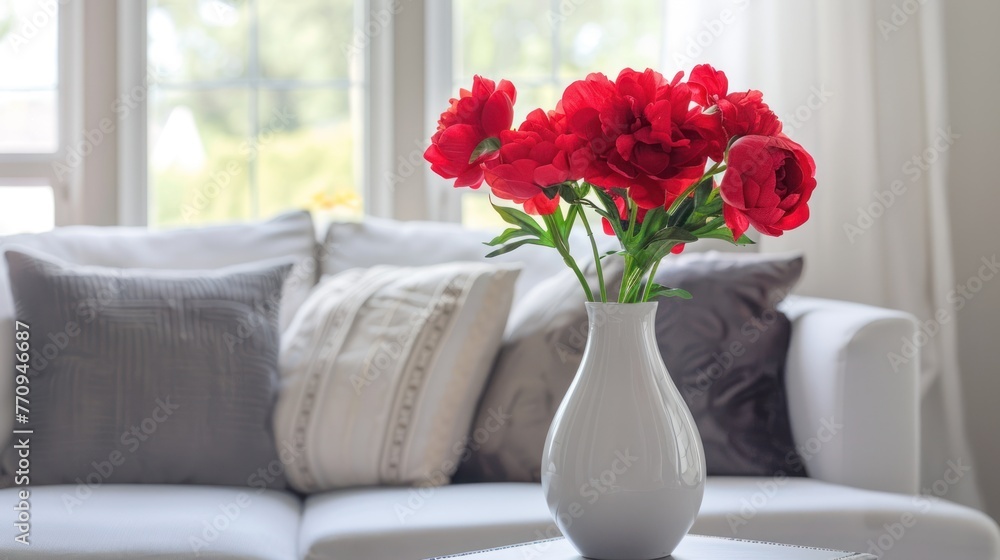 White Vase with red peony flowers in living room decoration. AI generated image White Vase with red peony flowers in living room decoration. AI generated image