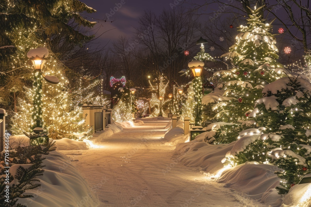 A pathway covered in snow illuminated by festive Christmas lights, surrounded by evergreen trees decorated with ornaments, creating a magical holiday atmosphere
