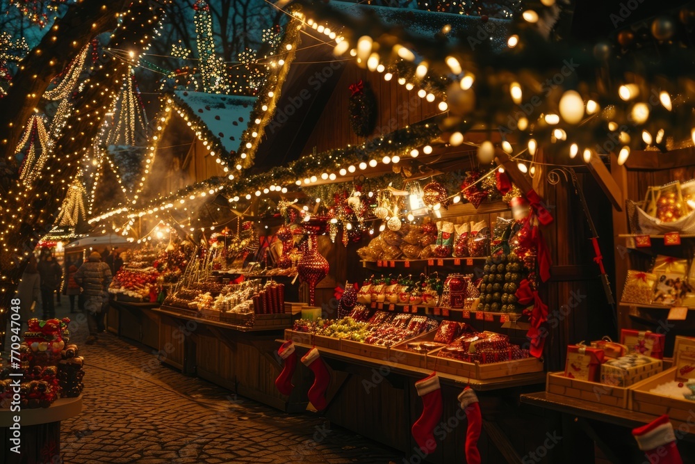 Festive outdoor market filled with stalls selling Christmas decorations, gifts, and treats, surrounded by dazzling lights and cheerful decorations