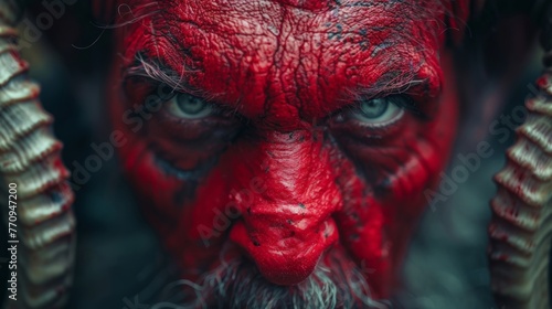 Close Up of Man With Red Makeup and Horns