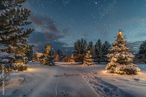 Snowy field with decorated Christmas trees and twinkling lights under starry sky © Ilia Nesolenyi