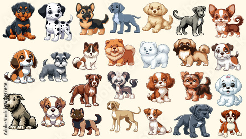 Little dogs, cartoon collection. Vector design. Set of different puppy breeds. AI generated. 
