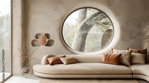 beige couch with earthenware cushions against curved window close to plaster wall © Emma