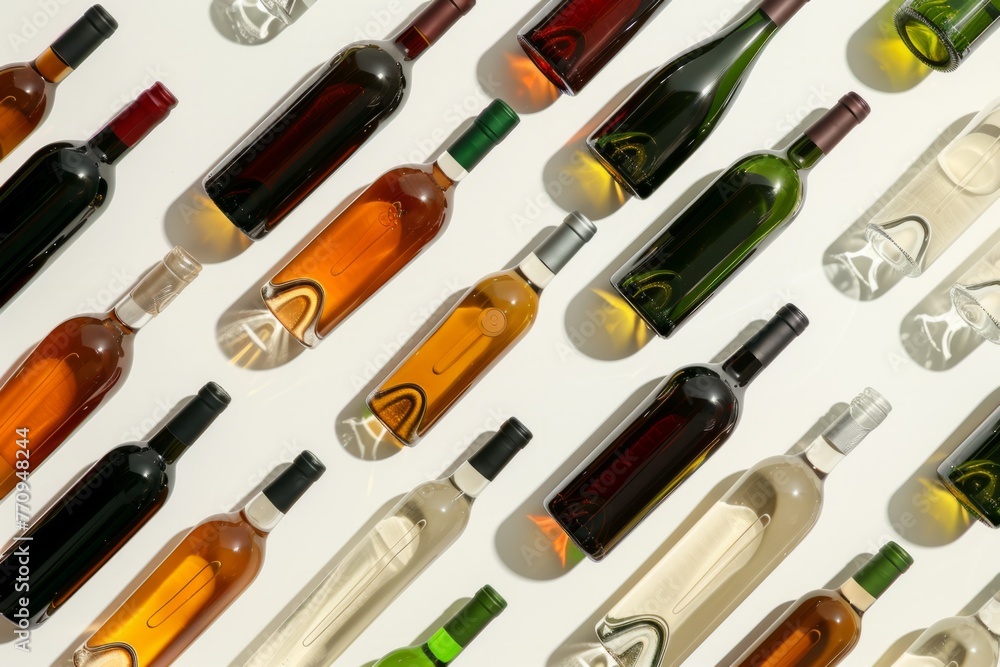 A flat lay of various wine bottles in different colors and shapes, arranged on an isolated white background with soft shadows Generative AI A flat lay of various wine bottles in different colors and shapes, arranged on an isolated white background with soft shadows Generative AI
