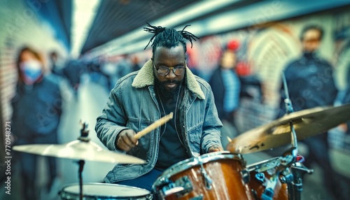 Subway Serenade: Man with Dreadlocks Playing Drums in Underground Passageway