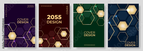Colorful hexagonal abstract poster background vector set. Gold 3D hexagon style cover template for social media, poster, flyer, banner, brochure, notebook, corporate, report, book or Journal cover.