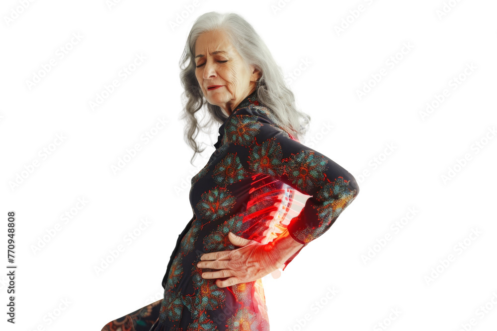 Studio portrait of old mature Caucasian Americana woman that holding back in pain,highlight pain pot, isolated on transparent png background