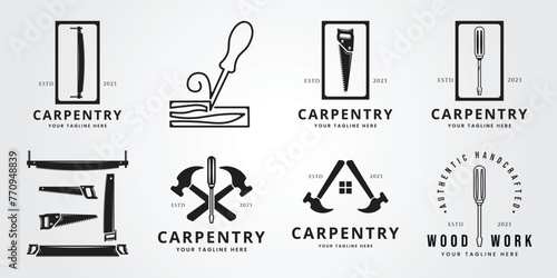 set bundle carpentry silhouette symbol icon vector. Woodworking retro vintage logo vector illustration design photo