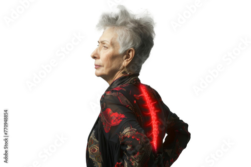 Studio portrait of old mature Caucasian Americana woman that holding back in pain,highlight pain pot, isolated on transparent png background