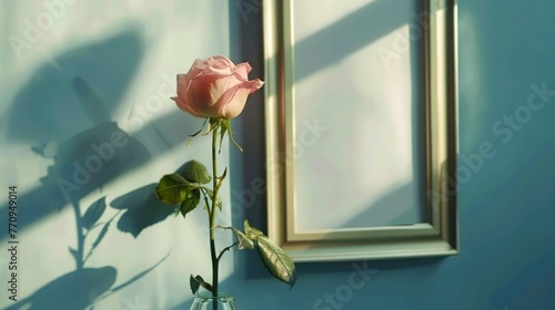 Beautiful pink rose in vase with empty frame mock up background. AI generated image #770949014