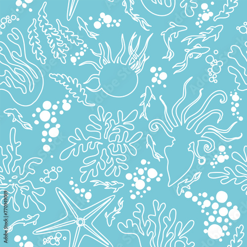 Seamless linear monochrome children's laconic marine pattern vector set with tropical fish, coral, jellyfish, seaweed, starfish, bubbles and octopus on turquoise background