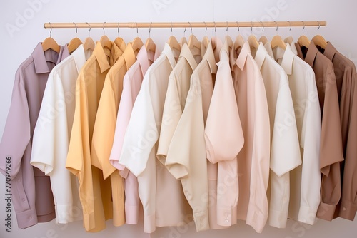 Assorted pastel-colored shirts hanging on hangers against white wall in fashion display © firax