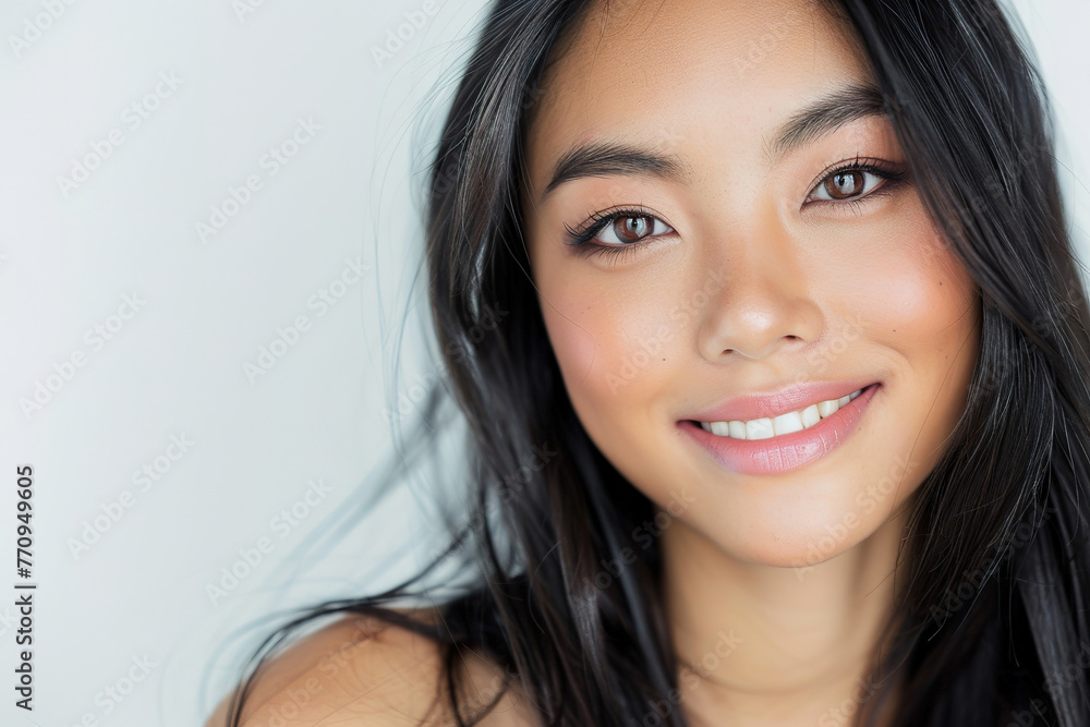 Portrait of a beautiful asian woman with long black hair and perfect dark smokey eye shadow smiling, with empty copy space Portrait of a beautiful asian woman with long black hair and perfect dark smokey eye shadow smiling, with empty copy space