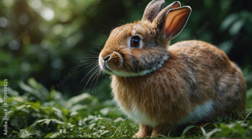 Generate an 8K portrait image of a rabbit with soft fur, large expressive eyes, and a gentle demeanor. Set against a background of lush greenery, capture the rabbit's essence with a focus on its endea