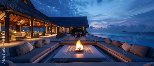 Modern luxury villa. Cozy outdoor seating patio area with large square fire pit and swimming pool giving access to beach area with palm trees on the Maldives island photo