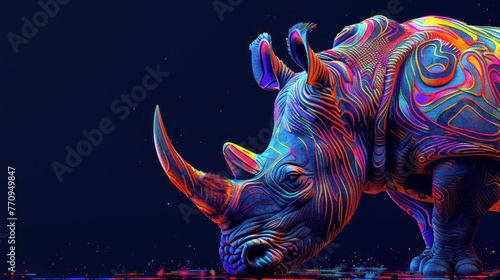 Abstract 3d colorful hologram rhino animal drawing in dark background. AI generated © orendesain99