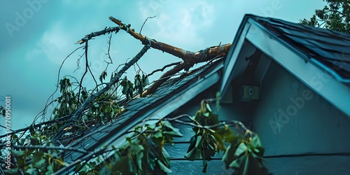 Roof of a house damaged by fallen tree during hurricane. Concept Insurance Claim, Property Damage, Hurricane aftermath, Rooftop Emergency, Storm Cleanup