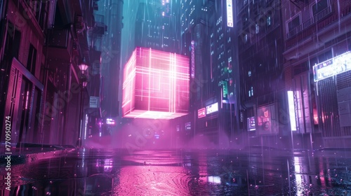 Digital futuristic 3d volumetric glowing cube in the city street with neon background. AI generated