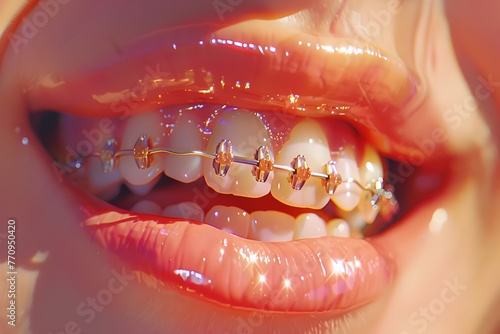 Transformative Dental Care: Bright Smile with Vibrant Braces in a Modern Office photo