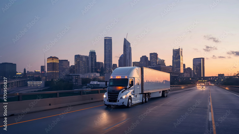 Naklejka premium 18-wheeler truck drives on an empty highway towards a city skyline during twilight hours