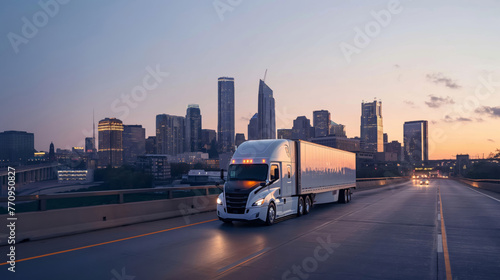 18-wheeler truck drives on an empty highway towards a city skyline during twilight hours