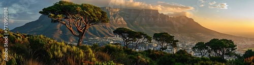 Cape Town, South Africa: A stunning full city view of famous camps bay at sunset showcasing the rocky coastline & dramatic mountains with iconic colorful sky reflects beauty of rocks and greenery land photo