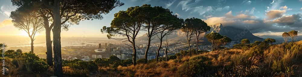 Wide panoramic mesmerizing aerial full cityscape view of Cape Town cityscape at sunset, Western Cape Province, South Africa. Generative AI