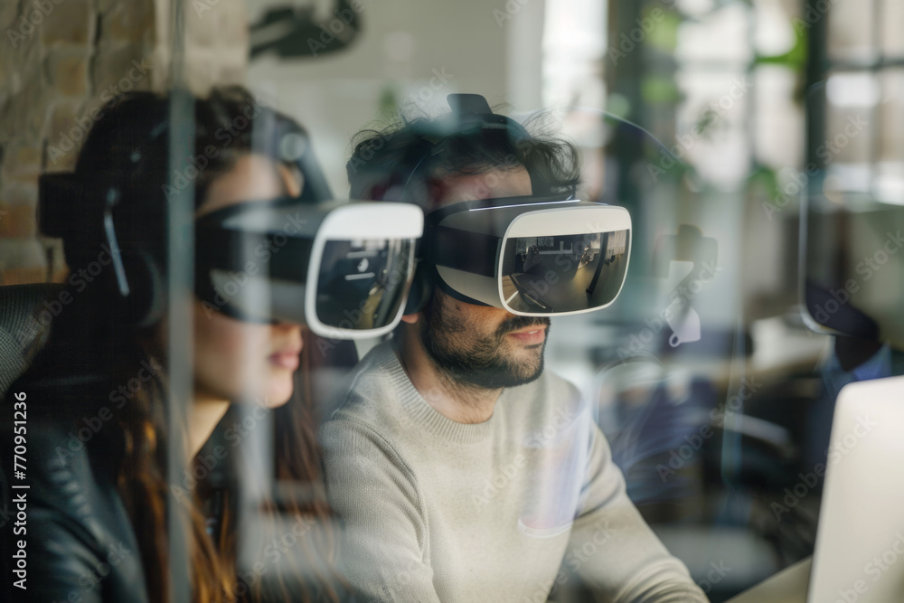 Concept of Metaverse technology. A man and woman in the office, working with VR goggles. A glimpse into the future lifestyle Concept of Metaverse technology. A man and woman in the office, working with VR goggles. A glimpse into the future lifestyle