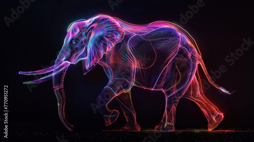 Abstract 3d colorful hologram elephant animal drawing in dark background. AI generated © orendesain99