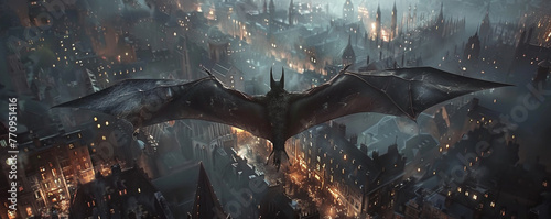 A mythical vampire in bat form soaring over a gothic cityscape at twilight its wings casting eerie shadows on the cobblestone streets below