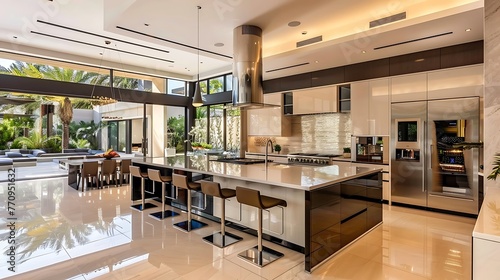 Delightful kitchen in extravagance present day contemporary home inside with island and seats