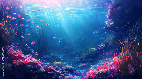 Tropical underwater scene, captivating shot showcasing vibrant marine life, corals, and clear blue waters in a serene, exotic setting.