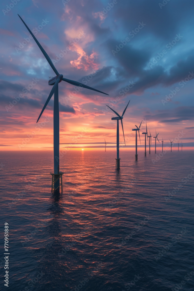 Offshore wind turbines generating energy at sunrise