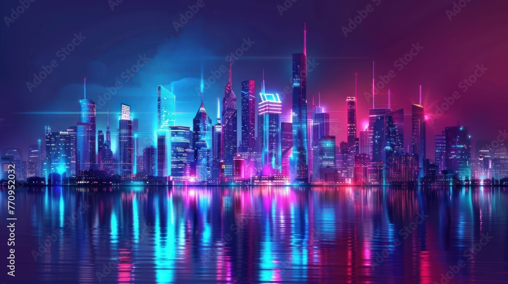 Obraz premium Futuristic skyline neon color with meta verse virtual reality technology concept. AI generated image