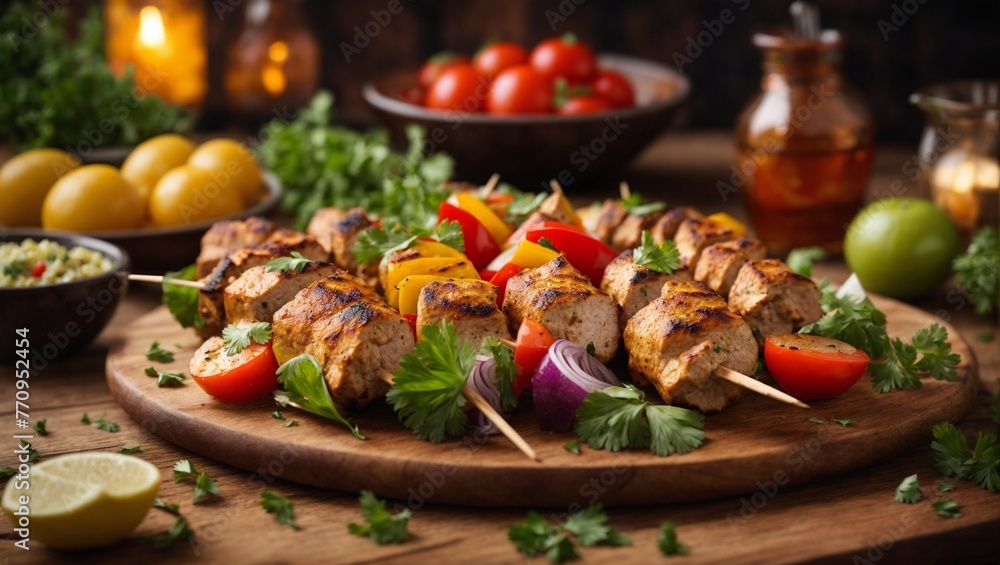 Chicken shish kebab with vegetables on wooden table Chicken shish kebab with vegetables on wooden table