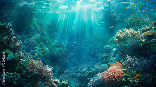 Tropical underwater scene, captivating shot showcasing vibrant marine life, corals, and clear blue waters in a serene, exotic setting. © daniel