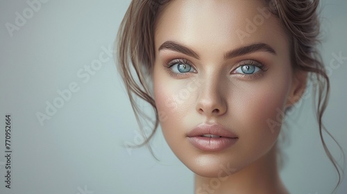 Serene portrait of a woman with impeccable skin  reflecting the harmonious blend of natural beauty and the benefits of cosmetology.