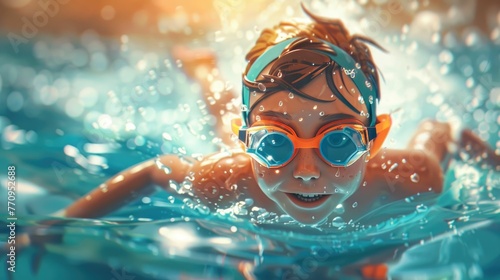 Kids freestyle swimming, cartoon animation, fluid movements, competitive edge