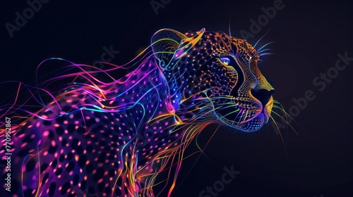 Abstract 3d colorful hologram cheetah animal drawing in dark background. AI generated © orendesain99